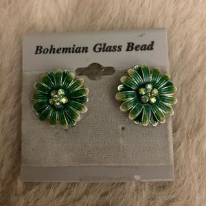 Green flower studded earrings